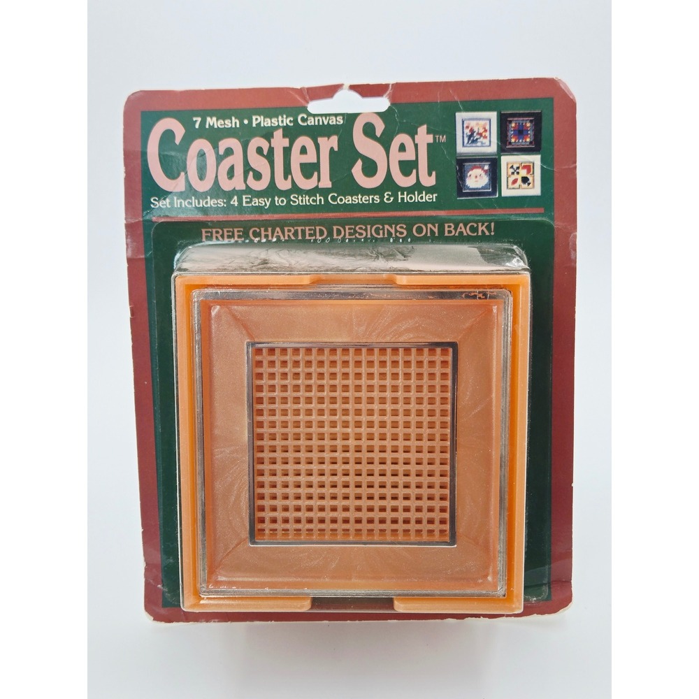 Vintage Needleform Plastic Canvas Coaster Set Kit 7 Mesh 4 Coasters Holder C4F